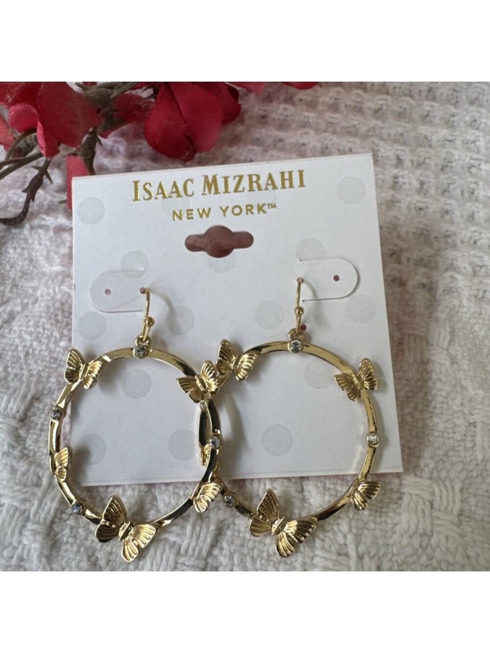 Isaac Mizrahi Gold Butterfly CZ Circle Hoop Earrings 2" MSRP $38 NEW
